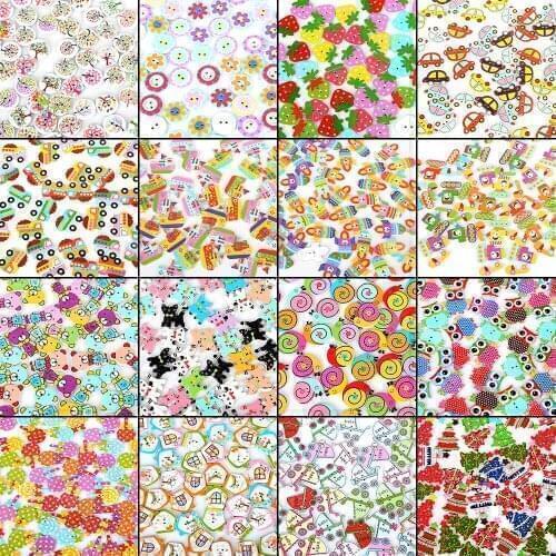 14-37cm 50Pcs Mix Types Cartoon Wooden decorative Buttons For Kids Sewing clothes Scrapbooking Crafts Christmas Paint Decoration
