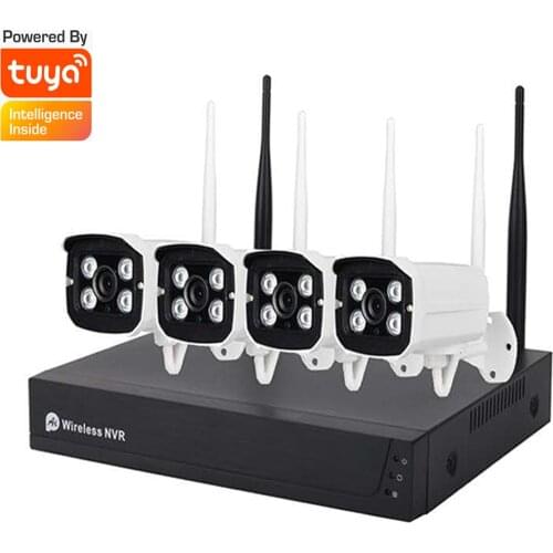 4CH Wireless IP Outdoor Camera Tuya 2MP Wifi NVR Kit P2P Video CCTV Surveillance System Easy Installation Multi Languages Menu
