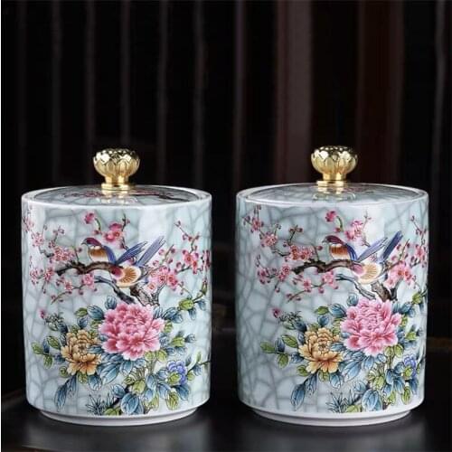 Ceramic Enamel Painted Flowers and Birds Tea Caddy Household Coffee Beans Biscuits Candy Storage Tank Sealed Cans Food Container