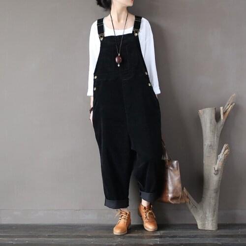 Women Autumn Winter Cotton Corduroy Vintage Rompers Jumpsuits Retro Solid Color Loose Overalls Ladies Washed Pants Trousers