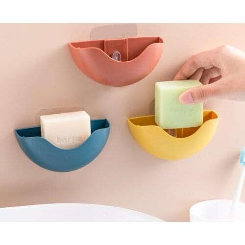 Round Soap Holder Bathroom Shower Soap Dish Shower Plates Soap Storage Box With Drain Wall Mounted Self Adhesive Plastic Supplie