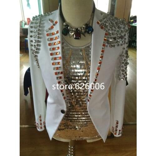 Mens Fashion White Crystals Handmade Sequins beading Slim Royal Jacket Costumes Nightclub Male Singer Stage Performance Jacket
