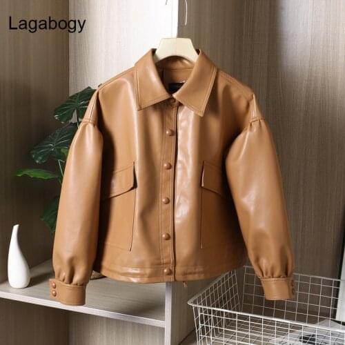 Lagabogy High Quality New Women Faux Soft Leather Jacket Autumn Oversized Single-Breasted Short Biker Coat Female Outwear