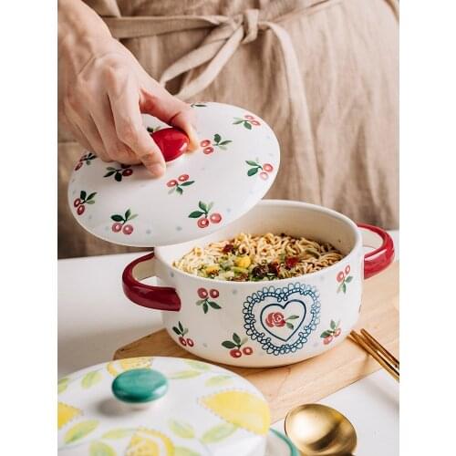 Ear soup bowl with cover large household ceramics bowl bubble rainbow noodle bowl Japanese web celebrity creative personality