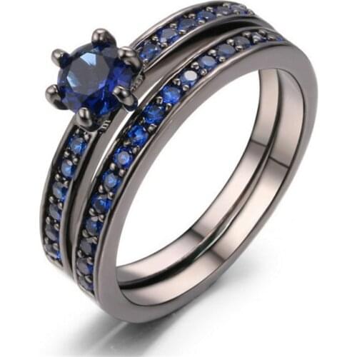 Anti Allergy Dark Blue Nano Stone Paved Engagement Rings Sets Black Gold Color Crystal Wedding Jewelry For Women Anel LSR214