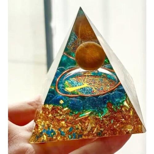 Orgonite HANDMADE Tiger Eye Crystal Sphere Quartz Orgone Tree of Life Pyramid 60MM Reiki Energy Healing Chakra Meditation