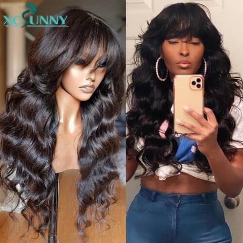 Bangs Wig Human Brazilian Wavy O Scalp Top Full Machine Made Human Hair Wig With Bangs Remy For Women 24inch 200 Density Xcsunny