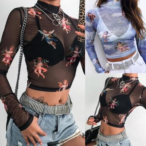 Sexy Women Jupiter Soft Long Sleeve Mock Neck See Through Shirt Crop Top See Through Transparent Mesh Shirt Ladies Tops