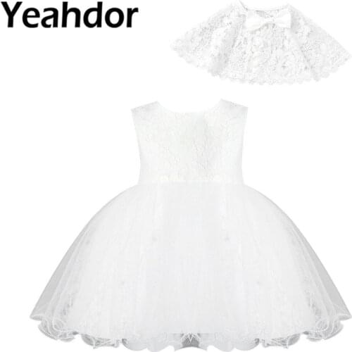 2pcs Baby Flower Girl Dresses For Weddding Baptism Christening Gowns Toddler Princess Girls Floral Lace Dress with Cloak Shawl