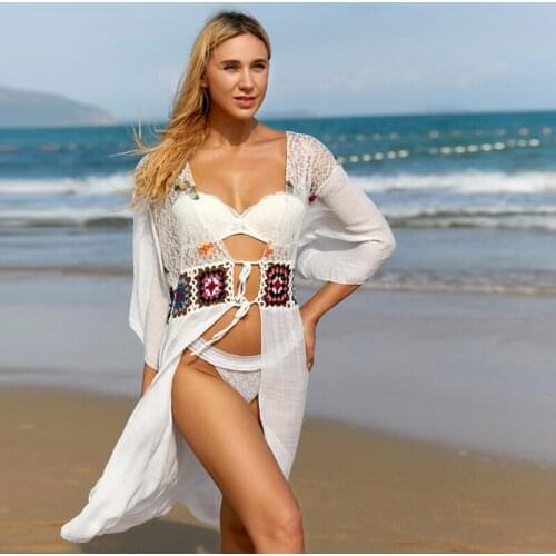 Beach Dress 2021 Summer White Long Sleeve Embroidery Hollow Cotton Kimonos Beachwear Cover Ups For Swimwear Women Beach Dress 20