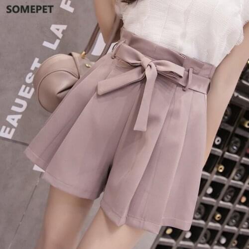 2021 New Korean Chic Lace-Up Bowknot High Waist Shorts Womens Fashion Pleated Wide Leg Shorts Summer Casual Loose Shorts