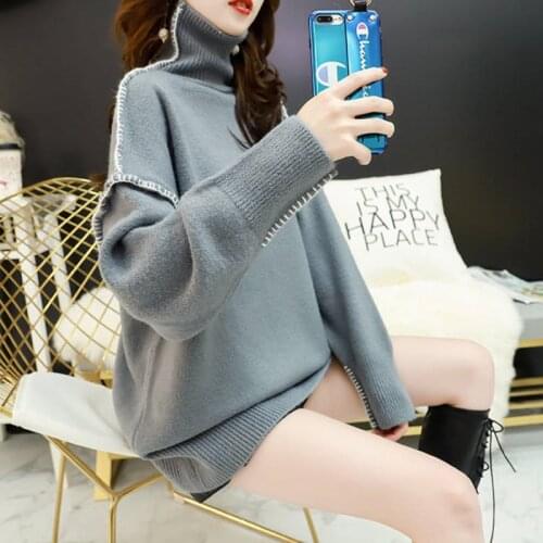 Turtleneck Sweater Korean Fashion Loose Splicing Women Clothing Long Sleeve Top Lazy Knit Bottoming Shirt Female Pullover Sueter
