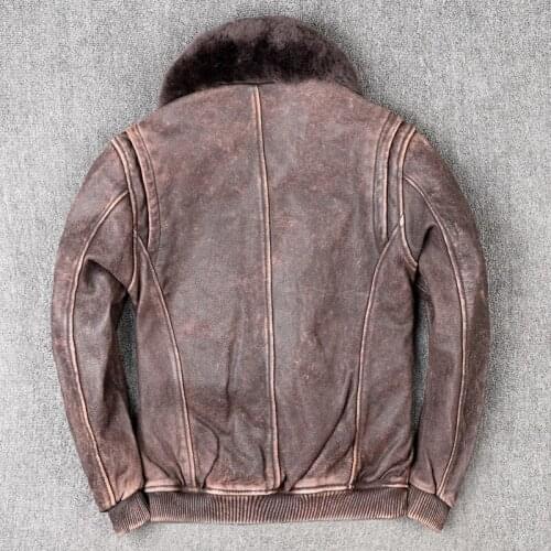 2021 Vintage Brown Military Style Genuine Pilot Leather Jacket Wool Collar Large Size 5XL Real Natural Cowhide Aviation Coat