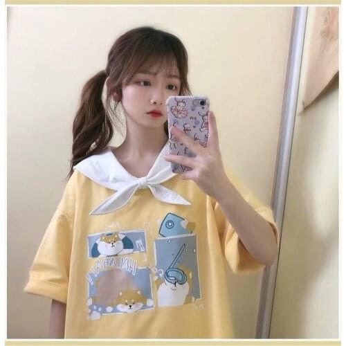 Yellow Cute T-Shirt Harajuku Funny Sailor Collar Tops Autumn Japan Kpop Women Casual High Street Summer Gothic T Shirt Girl