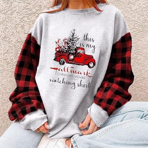 2021 New Womens Loose Sweatshirt European and American Christmas Hot Sale Letter Print Plaid Round Neck Long Sleeve Top