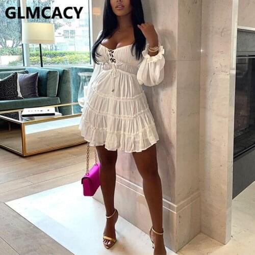 Women Lantern Sleeve Square Neck Sweet Mini Dress Lace Up Front Chic Dress