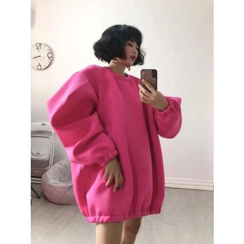 SuperAen 2021 New Design Solid Plus Size O Neck Puff Sleeve Loose Thick Suit Dress Womens Autumn/winter Sweatshirt
