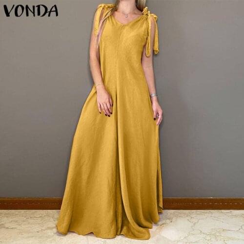 VONDA 3 Colors Women Summer Dress Elegant Pleated Solid Color Sleeveless Baggy Dresses Sexy V Neck Bohemian Vestidos Longue Robe