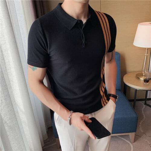 2021 Summer Polo Shirt Striped Slim Stretch Knit Shirt Mens Short-sleeved POLO Shirt Business Casual Top Male Clothing Black