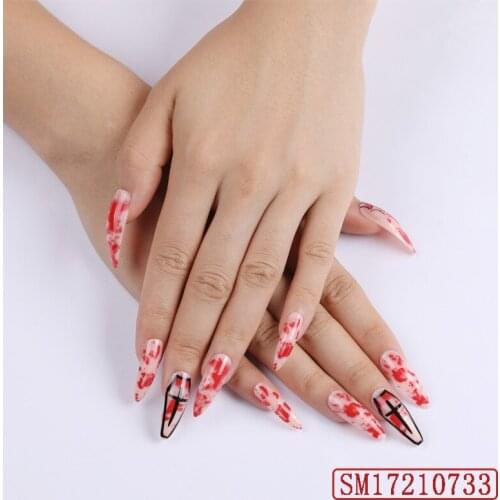 24pcs Red Blooming False Nail Tips Finished Stiletto Fake Nails For Women Halloween Nail Art Makeup False Nail Patch with Glue