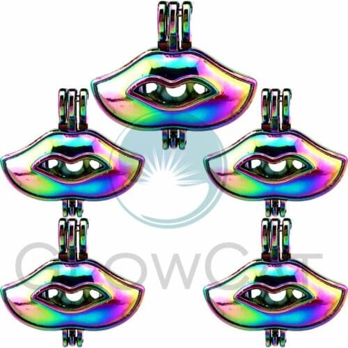 5X Rainbow Lip Prints Pearl Cage Jewelry Findings Cage Locket Pendant Essential Oil Diffuser Locket For Oyster Pearl Necklace