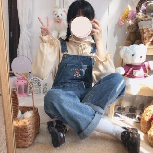 Spring Autumn Japanese Girl Jeans Soft Sister Little Tits Lion Embroidery Trousers Water Wash Overalls Women Straight Pants