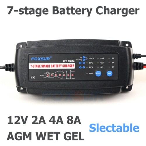 FOXSUR 12V 2A 4A 8A 7-stage smart Battery Charger, GEL WET AGM Battery type & Charge current selectable, Car battery charger