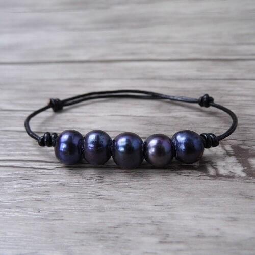 Blue Pearls Beaded Leather Bracelets Girls Handmade Fashion Pearl Bangle on Leather Braided Round Pearls Beaded Bangles New