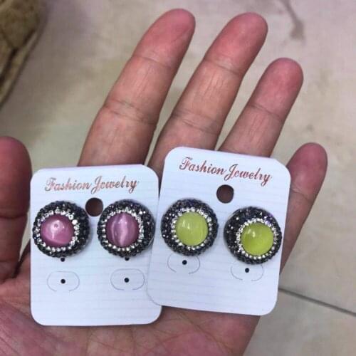 Round Pink Grey Blue Yellow Opal Cat Eye Semi Precious Stone Pave Black White Rhinestone Charm Push Back Stud Earrings For Women