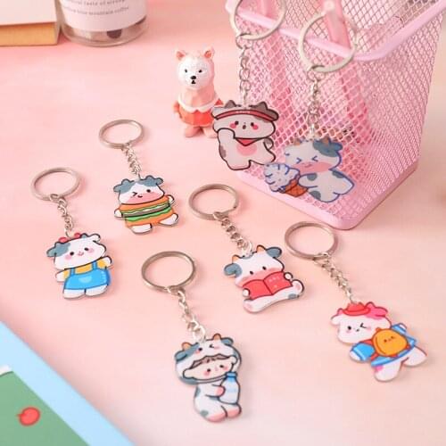 Girl Sweet Cartoon Cow Series Acrylic Keychain Cute Student Bag Small Pendant Trendy Purse Unique Jewelry Women Gift Accessories