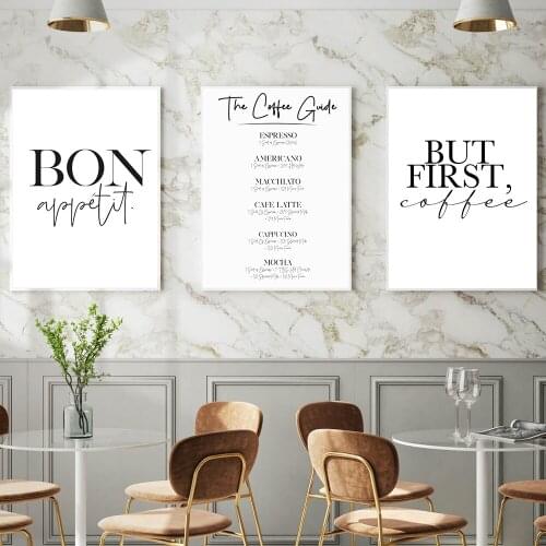 Minimalist First Coffee Guide Bon Appetit Quotes Wall Canvas Paintings Black White Wall Art Posters Prints Kitchen Home Decor