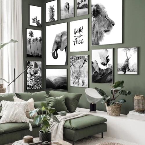 Lion Elephant Giraffe Pineapple Palm Tree Wall Art Black White Posters Canvas Painting for Living Room Decor Modern Wall Picture