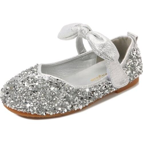 2021 New Childrens Princess Shoes Bow-knot Girls Crystal Shoes Kids Soft Sole Leather Sweet Sequined Casual Flats for Wedding