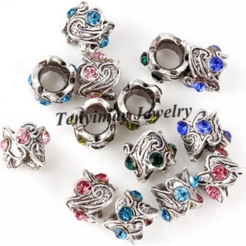 Retro European Charm Beads Rhinestone Big Hole Beads For Snake Chain Bracelet DIY 100pcs Wholesale