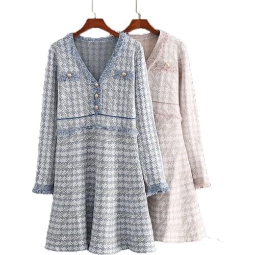 PERHAPS U Blue Apricot Knitted Houndstooth V Neck Long Sleeve Empire Mini Short Dress Elegant Autumn D2045