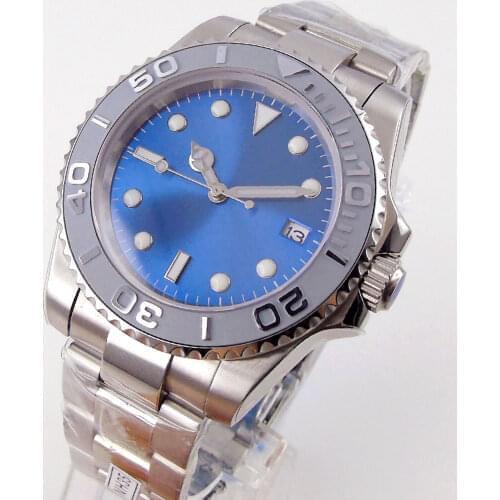 40mm Bliger Automatic Mens Watch Genuine NH35/Miyota 8215 Movement Sunburst Blue Dial Sapphire Glass Date Window Oyster Bracelet