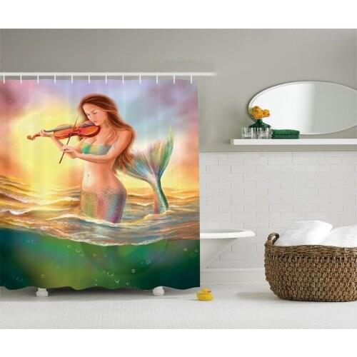 Mermaid Decor Shower Curtain Mermaid Playing Violin Sunset View Colorful Realistic Design Bath Curtains for Bathroom Decor