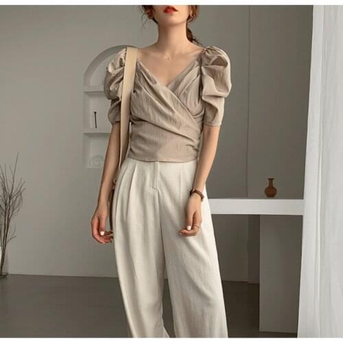 2020 Brand New Women Fashion Crop Top Puff Sleeve Wrapped Bowtie Short Blouse Elegant Office Lady Shirt Blusa Chemise Mujer