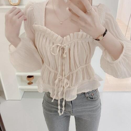 Retro Fashion Women Chic Blouse Square Neck Long Sleeve Pleated Crop Top Lace-up Cute Blouse Women Autumn Shirts Blusa Chemise