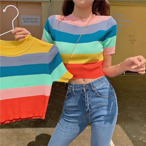 Woman TShirts Rainbow Top Womens Summer Tight Patchwork Stripes Knitted Short-Sleeved T-shirt Crop Top Mujer Camisetas
