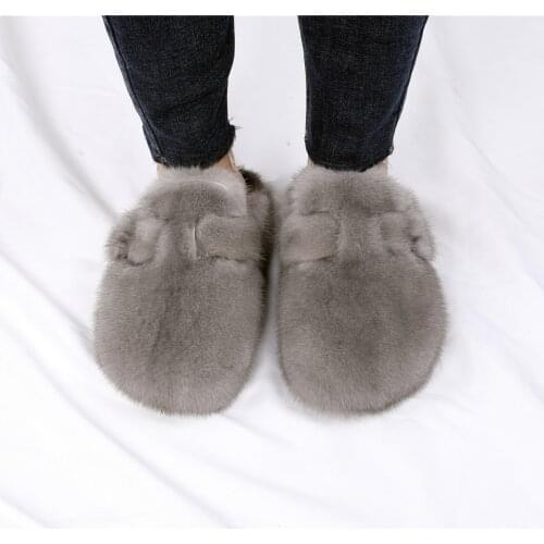 2021 New Arrival New York Dubai Trendy 100% Real Mink fur Closed slippers for Women Big Luxury Fur Slides Outdoor Sandals Shoes