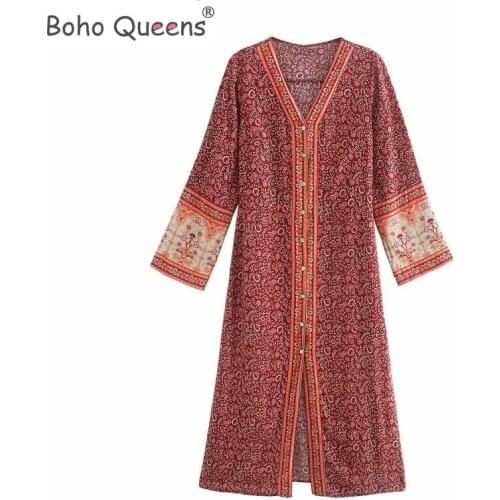 Boho Queens women lace-up tassel floral print beach Bohemian maxi dress Ladies long sleeve Summer Boho dress vestidos
