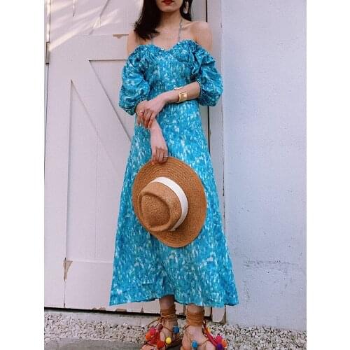 Coastline Vacation Travel Slash-Neck Blue Dress Women Summer Seaside Wear Long Beach Skirts