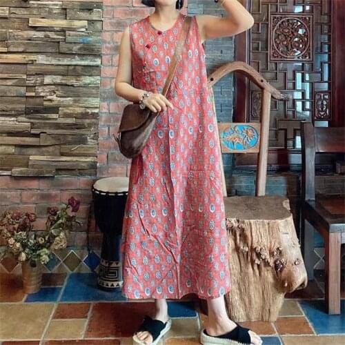 Johnature Women Print Floral Tank Dress Cotton Linen Vintage Robes 2021 Summer New Sleeveless Red Women Dress Casual Dresses