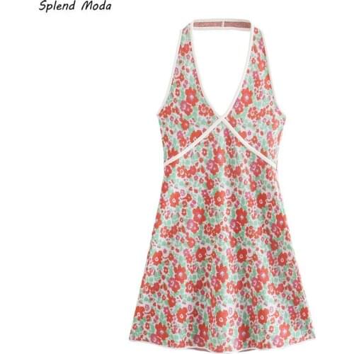 Splend Moda Sweet Backless Printed Knitted Halter Sexy Women Summer Jacquard Casual 2021 New Holiday Style Stretch Dress Vestido