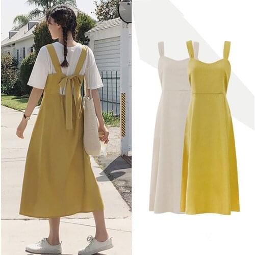 2021 summer vintage slim high waist back bow spaghetti strap cotton and linen a-line women dress