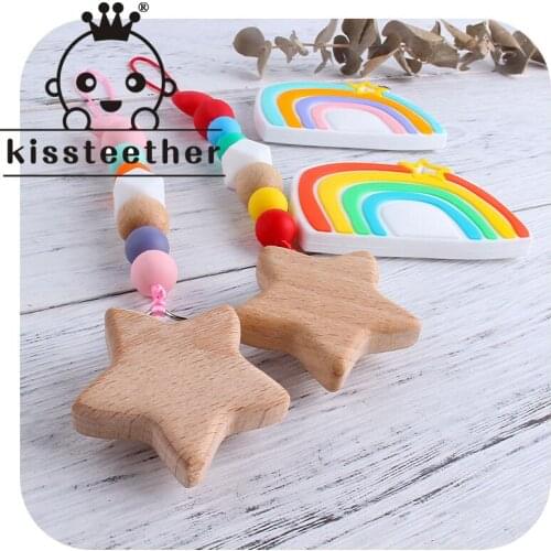 Kissteether 1set Baby Pacifier Chain Silicone Rainbow Teether Nipple Clip Holder Infant Silicone Teething Soother Molar Toys