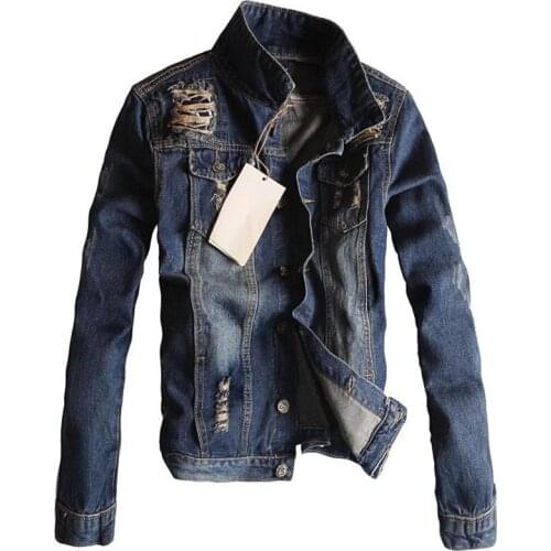 2020 Spring and Autumn Japanese Denim Jackets For Men Hole Jean Jacket Coats Youth Mens Overcoats Long-sleeved Mens Clothing 3XL