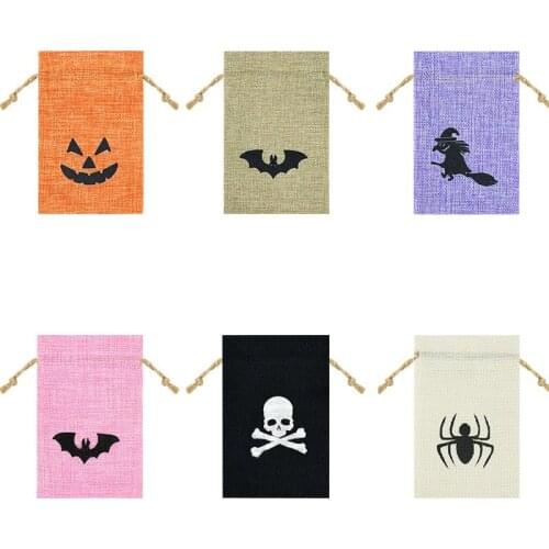 5Pc Linen Candy Drawstring Handbag Grimace Pumpkin Spider Bat Skull Witch Print For Kid Gift Package Halloween Decor Dessert Bag