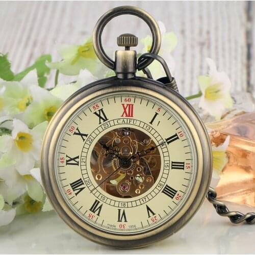 Bronze Automatic Mechanical Pocket Watches Vintage Transparent Skeleton Open Face Roman Numbers Fob Chain Antique Clock Hours